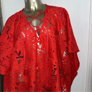 Parker beach coral red Lace Crochet Tie-Front Women's coverup caftan one size